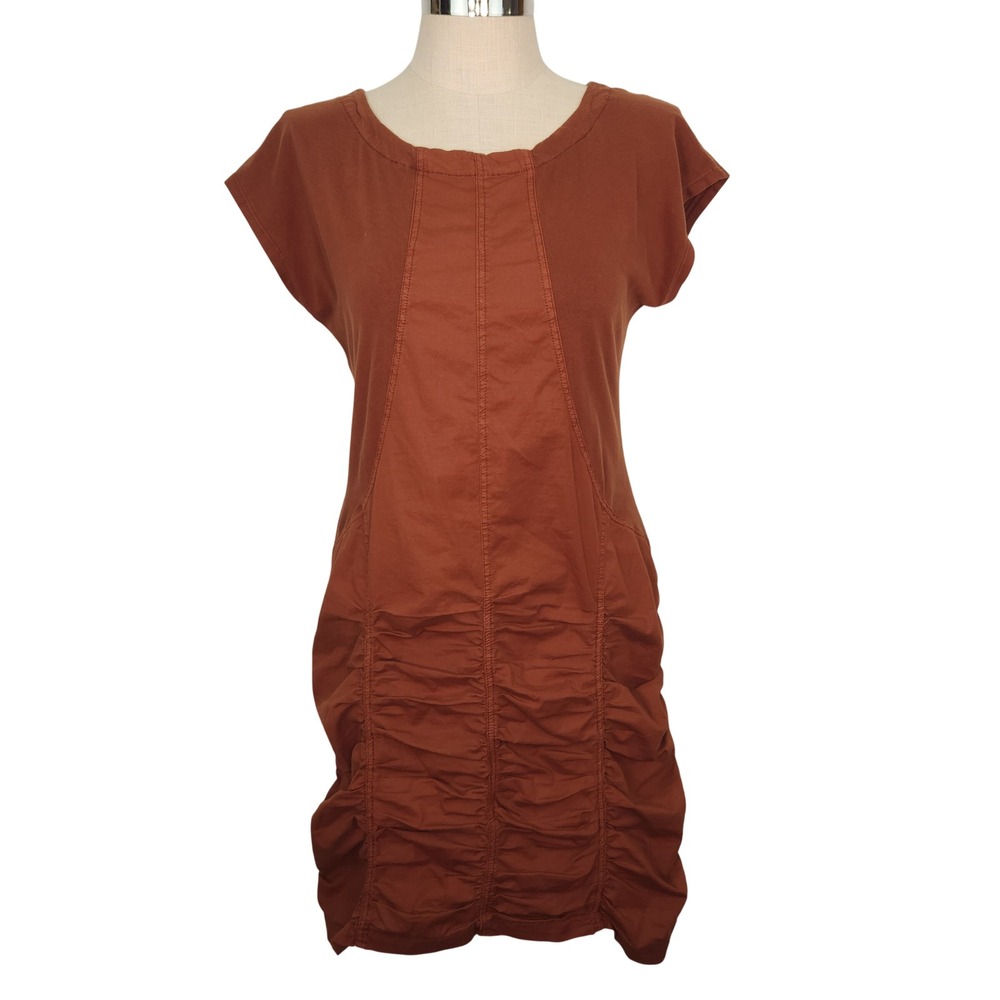 Wearables by XCVI Aviana Rust Brown Ruched Short Sleeve Mixed Media Dress Large